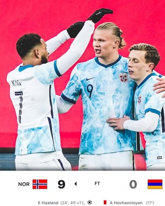 挪威友谊赛9-0狂胜亚美尼亚，哈兰德2射1传&厄德高2传
